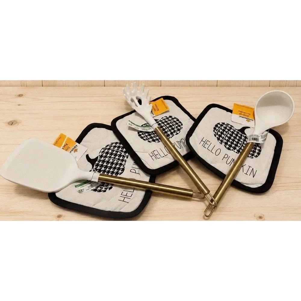 Celebrate It Hello Pumpkin Potholders Makery Gold Utensils Fall Set 6pc New[i]